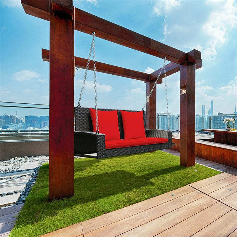 2-Person Wicker Patio Swing Bench with Removable Cushions & Reinforced Steel Chain, 800lbs Capacity Rattan Porch Swing for Backyard, Garden