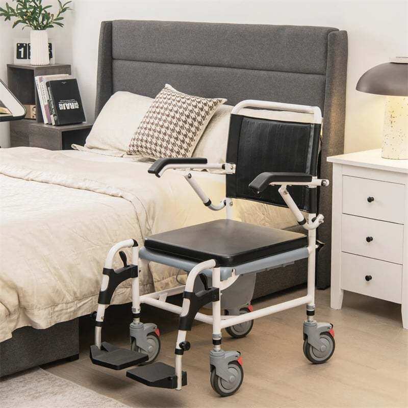 4-in-1 Bedside Commode Shower Chair with Lockable Wheels & Detachable Bucket, Height Adjustable Mobile Toilet Chair for Elderly & Adults