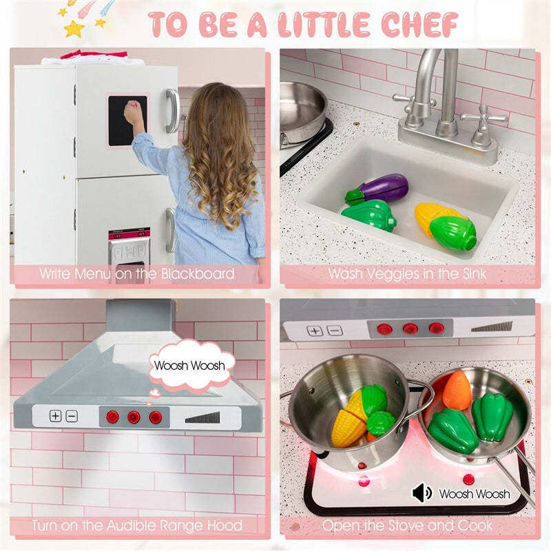 Pink Kids Corner Kitchen Playset, Wooden Pretend Play Kitchen Toy Set with Lights, Washer, Range Hood, Microwave, Oven, Utensils, Apron & Chef Hat