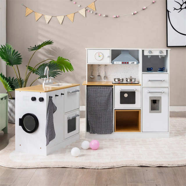 2-Piece Kids Wooden Kitchen Playset Little Chef Pretend Play Kitchen Toy Set with Movable Stool, Realistic Lights, Washing Machine & Coffee Maker