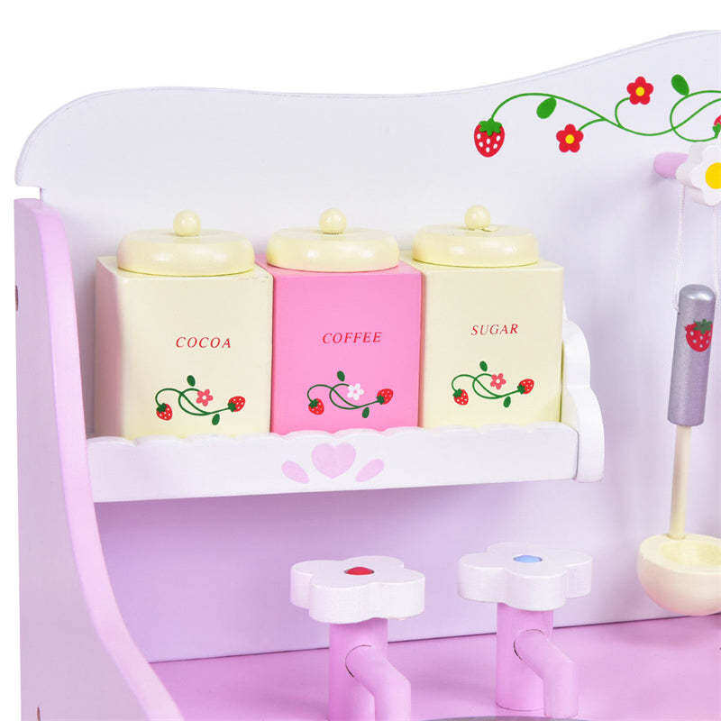 Pink Kids Kitchen Playset Wooden Pretend Play Kitchen Toddler Little Chef Toy Kitchen Set with 13pcs Cokware & Storage Cabinet