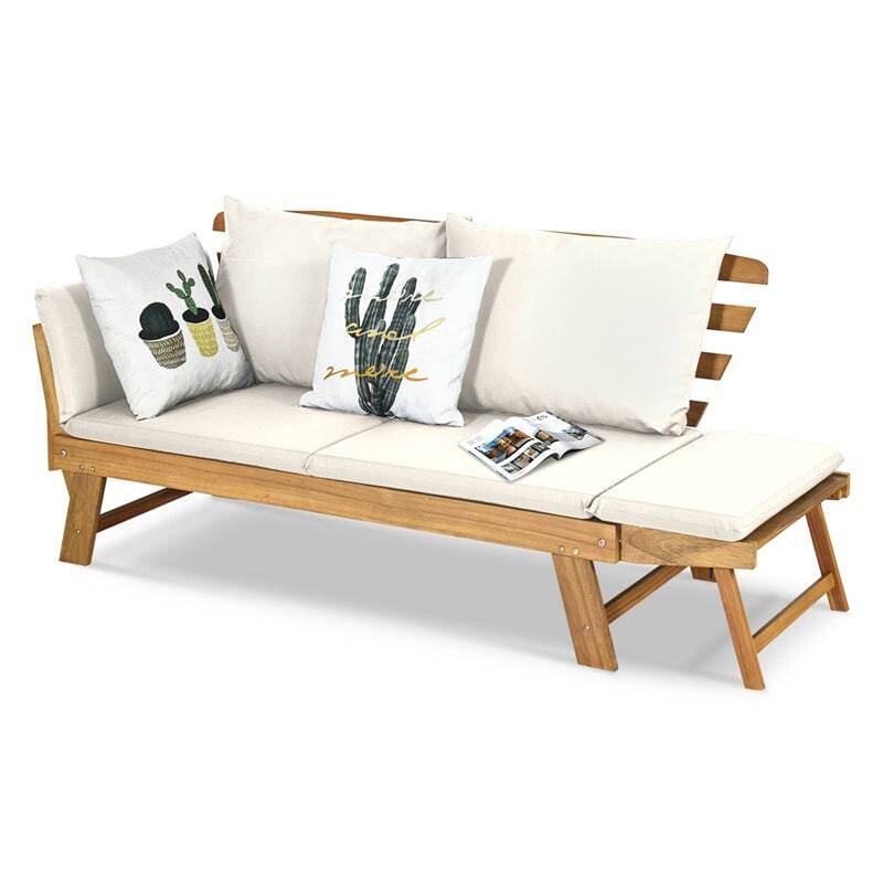 Outdoor Acacia Wood Convertible Sofa Daybed with Adjustable Armrests, Cushions & Pillows, Folding Patio Couch Sofa Bed for Porch Poolside