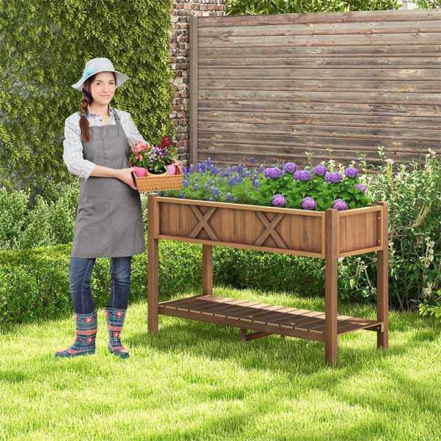 44" HIPS Raised Garden Bed with Legs, Storage Shelf & Drainage Holes, Weatherproof Elevated Planter Box for Backyard, Balcony, Flowers, Herbs