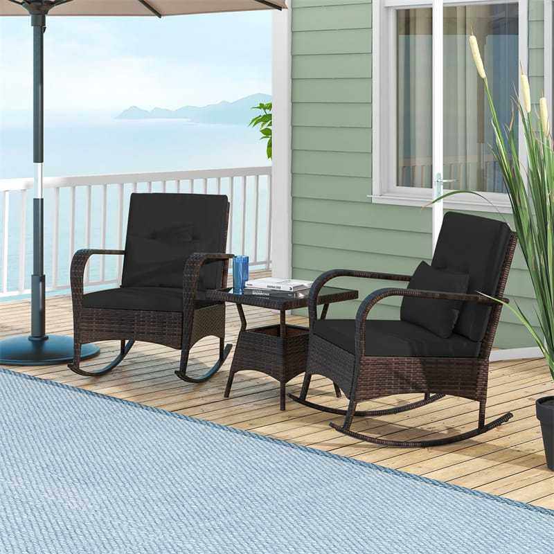 3-Piece PE Rattan Rocking Bistro Set with Removable Cushions & Tempered Glass Table, Outdoor Patio Furniture Set for Porch, Poolside, Backyard