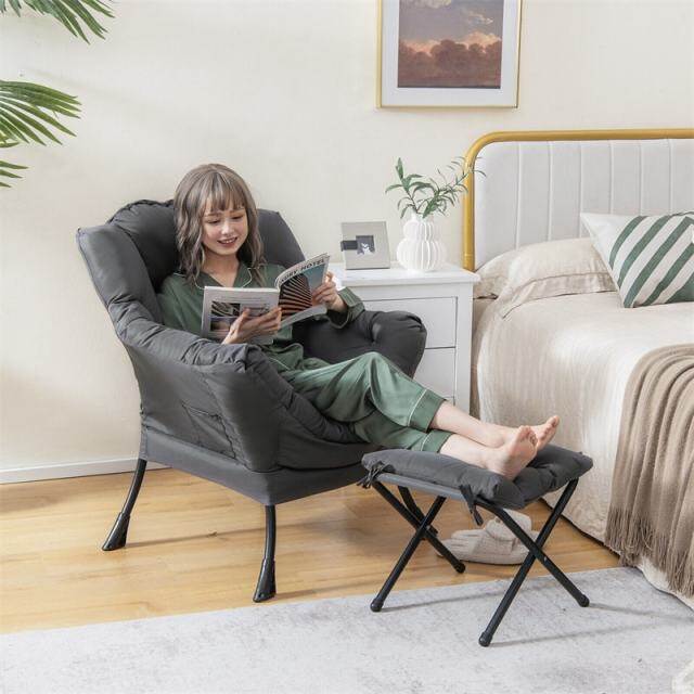 Lazy Chair Modern Fabric Leisure Lounge Armchair Upholstered Accent Sofa Chair with Folding Ottoman & Storage Pocket