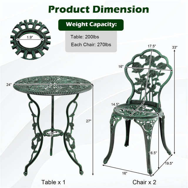 3-Piece Cast Aluminum Patio Bistro Set Rose Design Outdoor Furniture Set with Coffee Table