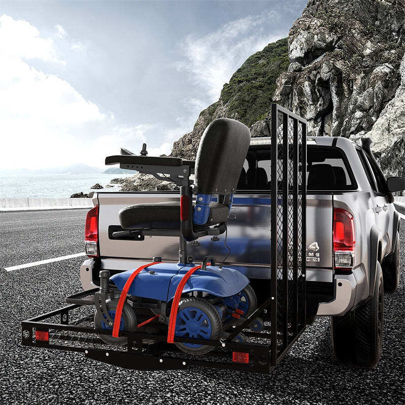Folding Hitch Cargo Carrier with Ramp & Tie-Down Straps, 500LBS Capacity Heavy Duty Mobility Scooter & Wheelchair Carrier for Car, SUV, Truck, RV