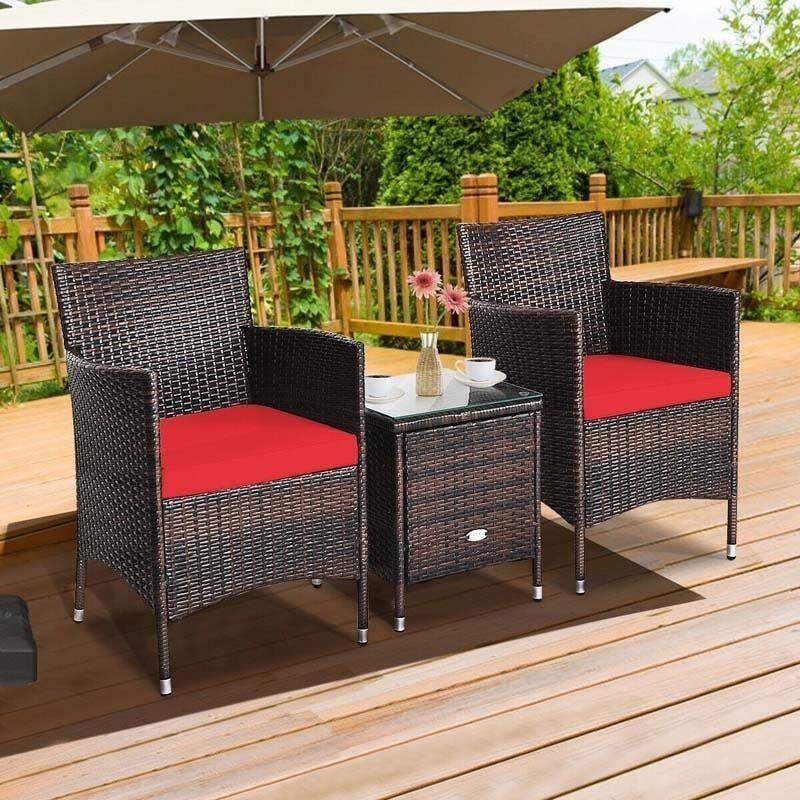 Bestoutdor 3 Piece Patio Rattan Furniture Set, Outdoor Wicker Bistro Set with Cushions & Glass Top Coffee Table for Garden, Porch, Lawn