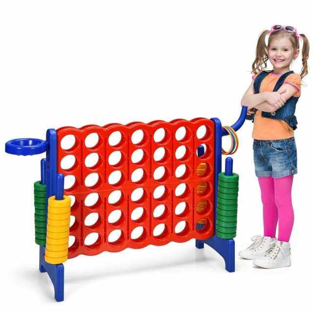 Giant 4-in-A-Row Game Set, Jumbo 4-to-Score Lawn Game with Basketball Hoop, 42 Rings, Quick-Release Slider for Kids & Adults, Indoors Outdoors