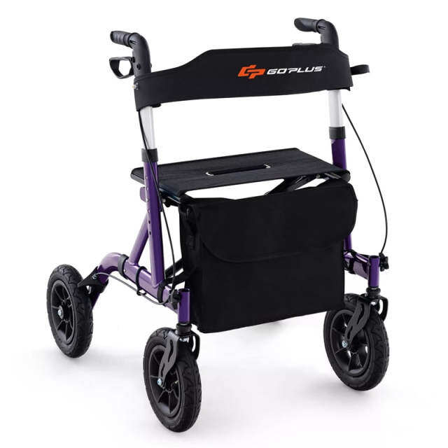 Foldable Rollator Walker with Seat & 9.5" All-Terrain Pneumatic Wheels, 350lbs Heavy Duty Height Adjustable Bariatric Rollator for Seniors/Adults