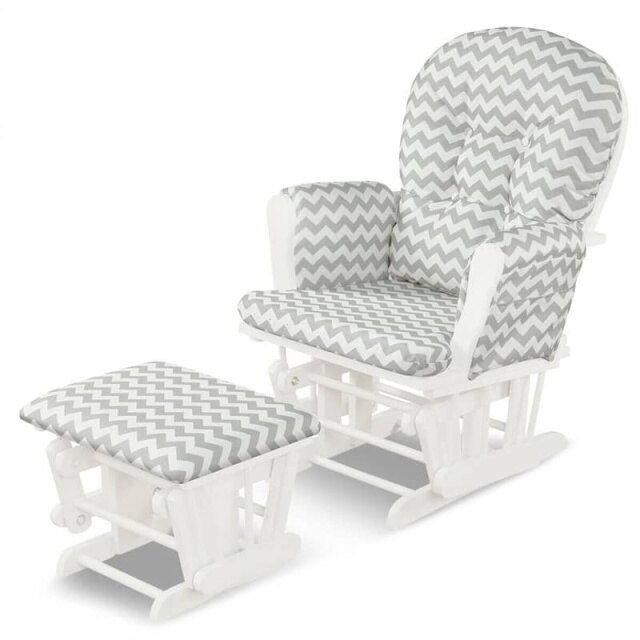 Wood Nursery Glider Chair & Ottoman Set, Upholstered Glider Rocker with Padded Cushion, Storage Pocket, Modern Rocking Chair for Nursery