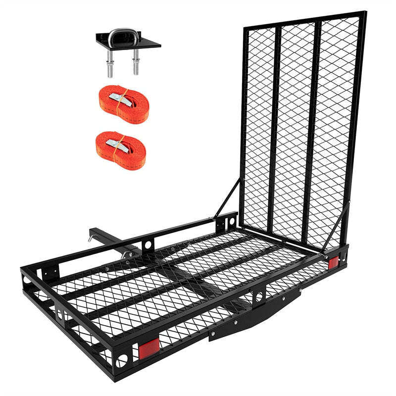 Folding Hitch Cargo Carrier with Ramp & Tie-Down Straps, 500LBS Capacity Heavy Duty Mobility Scooter & Wheelchair Carrier for Car, SUV, Truck, RV