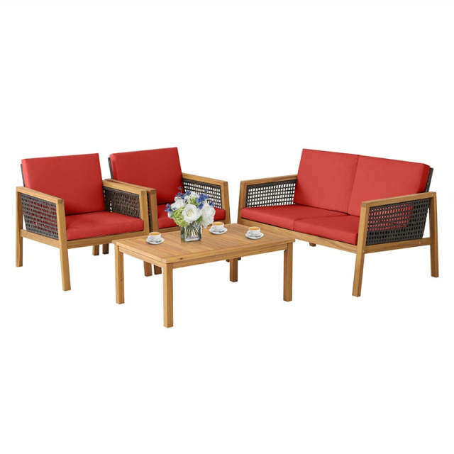 4-Piece Acacia Wood Outdoor Furniture Set, Rattan Patio Sofa with Cushions & Coffee Table, PE Wicker Conversation Set for Garden & Backyard