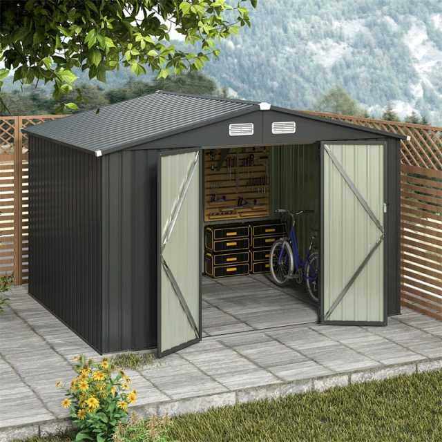10' x 7.7' Outdoor Storage Shed, Galvanized Steel Garden Shed with Lockable Doors, 4 Vents, Waterproof & Windproof Heavy Duty Tool Shed for Backyard
