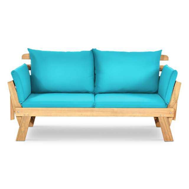Outdoor Acacia Wood Convertible Sofa Daybed with Adjustable Armrests, Cushions & Pillows, Folding Patio Couch Sofa Bed for Porch Poolside