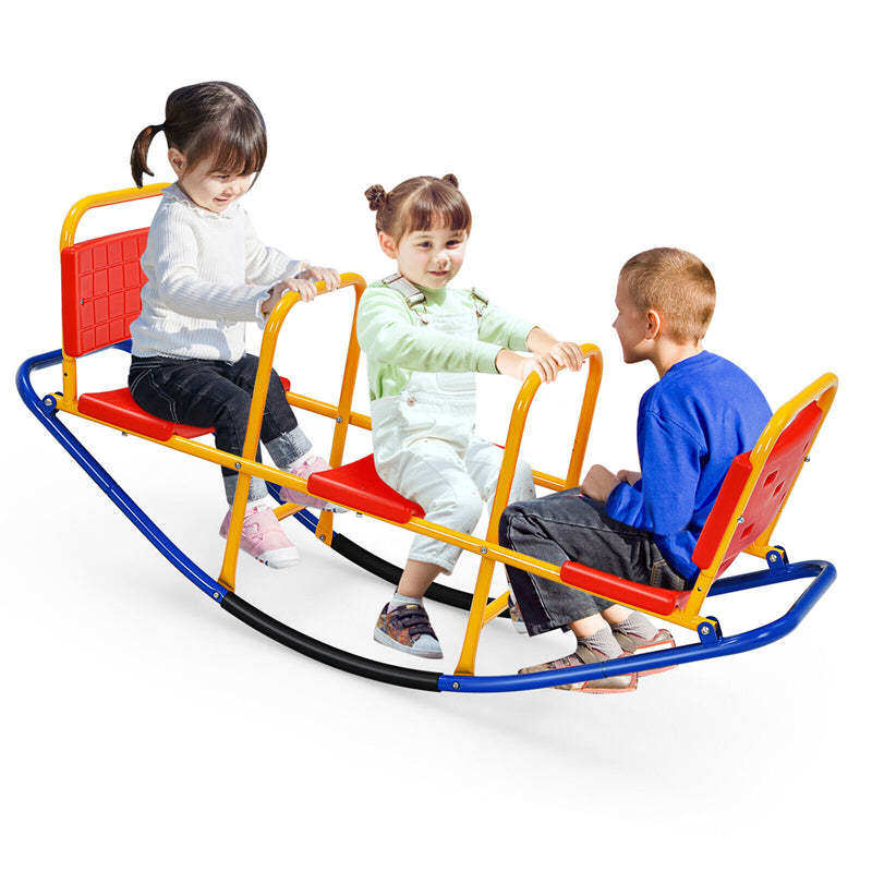Kids Rocking Seesaw, 3 Person Heavy-Duty Metal Teeter Totter Seesaw with Easy-Grip Handles, Indoor/Outdoor Rocking Toy for Toddlers Ages 3-8