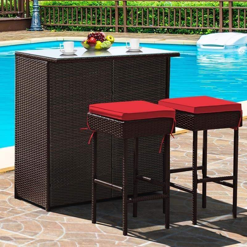 3-Piece Patio Rattan Wicker Bar Table Stool Set with Seat Cushions & Glass Top Table