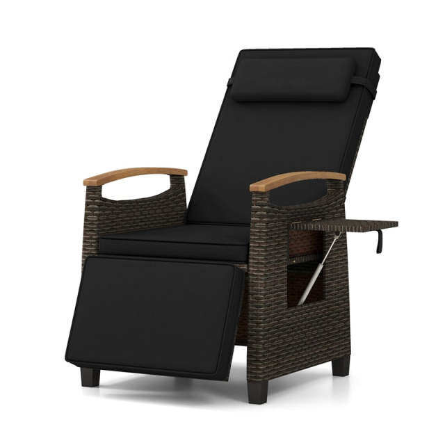 Outdoor Wicker Recliner Chair with Adjustable Backrest, Footrest, Flip Side Table & Cushion, Patio Rattan Chaise Lounge for Backyard Porch