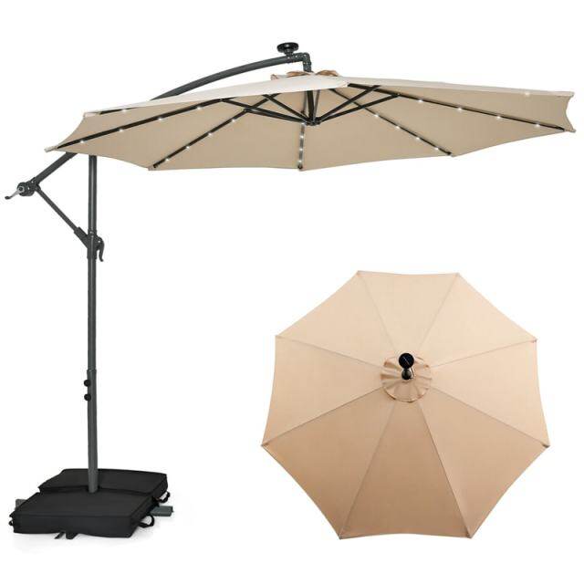 10FT Solar Offset Patio Umbrella, Hanging Cantilever Umbrella with 32 LED Lights, Adjustable Tilt, Sand Bag Base for Garden, Poolside, Yard