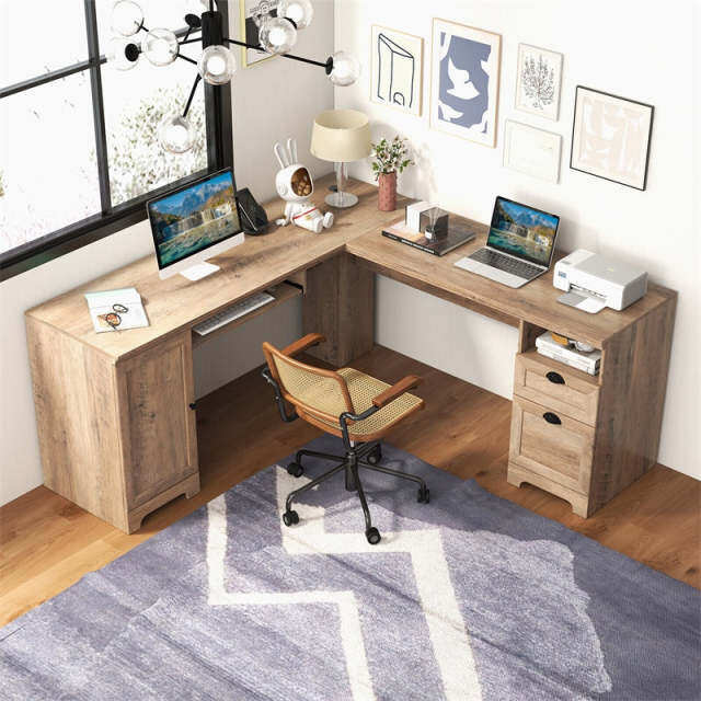 66" L-Shaped Office Desk, Modern Executive Corner Computer Desk with Power Outlets, Storage, Adjustable Shelf, Keyboard Tray for Working Writing