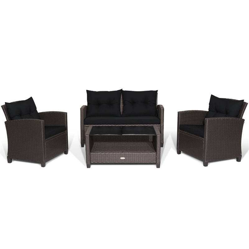 4 Piece Outdoor Rattan Furniture Set, Patio Conversation Set with Lower Shelf Coffee Table, Loveseat, 2 Cushioned Chairs for Garden Backyard