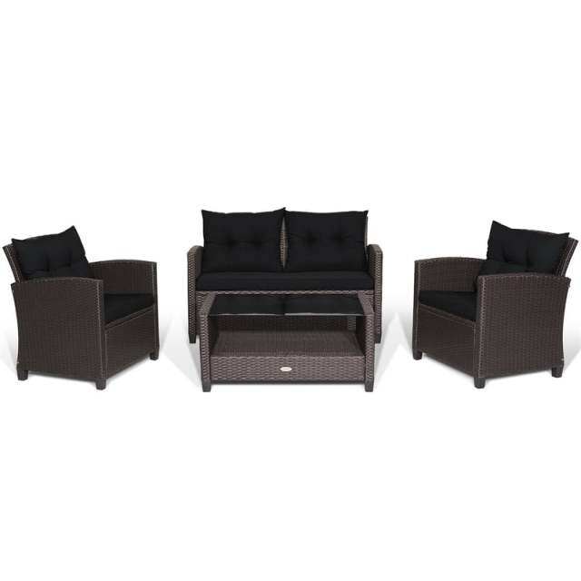 4 Piece Outdoor Rattan Furniture Set, Patio Conversation Set with Lower Shelf Coffee Table, Loveseat, 2 Cushioned Chairs for Garden Backyard