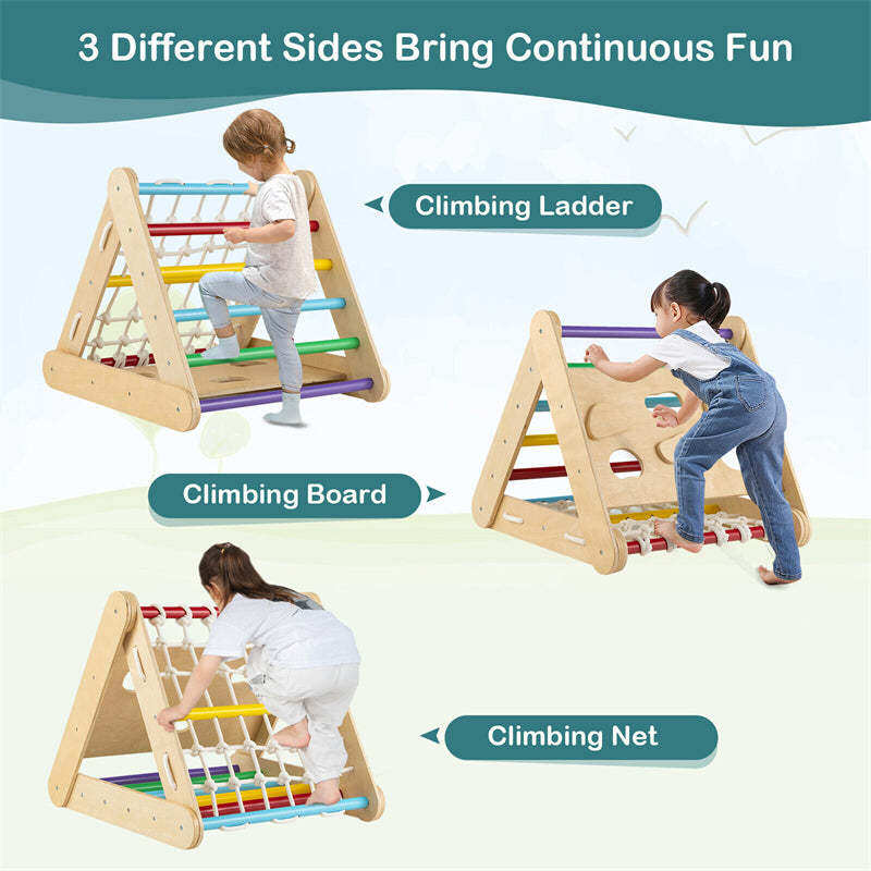 3-Side Wooden Triangle Climber with Slide Ramp, Climbing Net & Board, 4-in-1 Pikler Triangle Ladder Montessori Climbing Toys for Toddlers