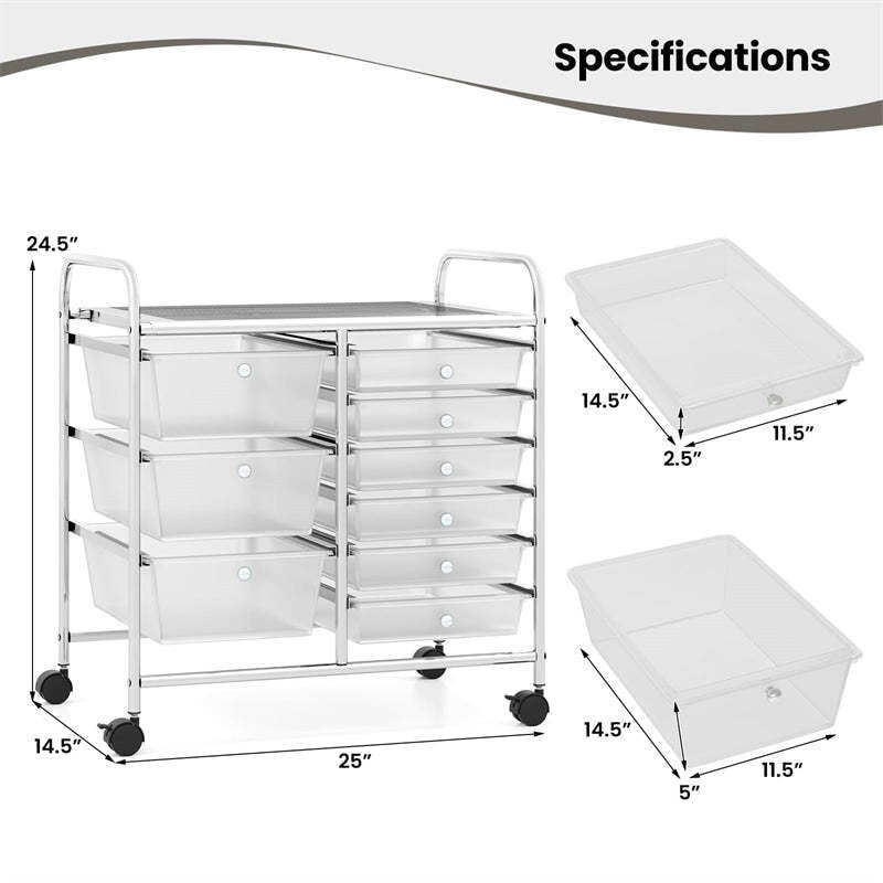 9-Drawer Rolling Storage Cart, Mobile Art & Craft Supply Organizer on Wheels, Metal Frame, Drawer Utility Cart for Classroom Office Home Salon