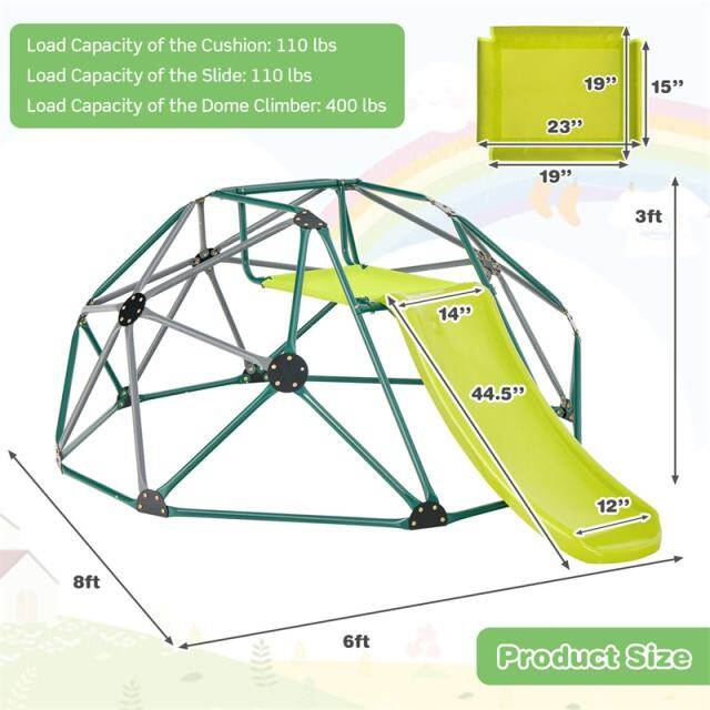 8FT Climbing Dome with Slide, 2-in-1 Geometric Dome Climber Indoor Outdoor Jungle Gym Monkey Bar Climbing Toys for Kids & Toddlers