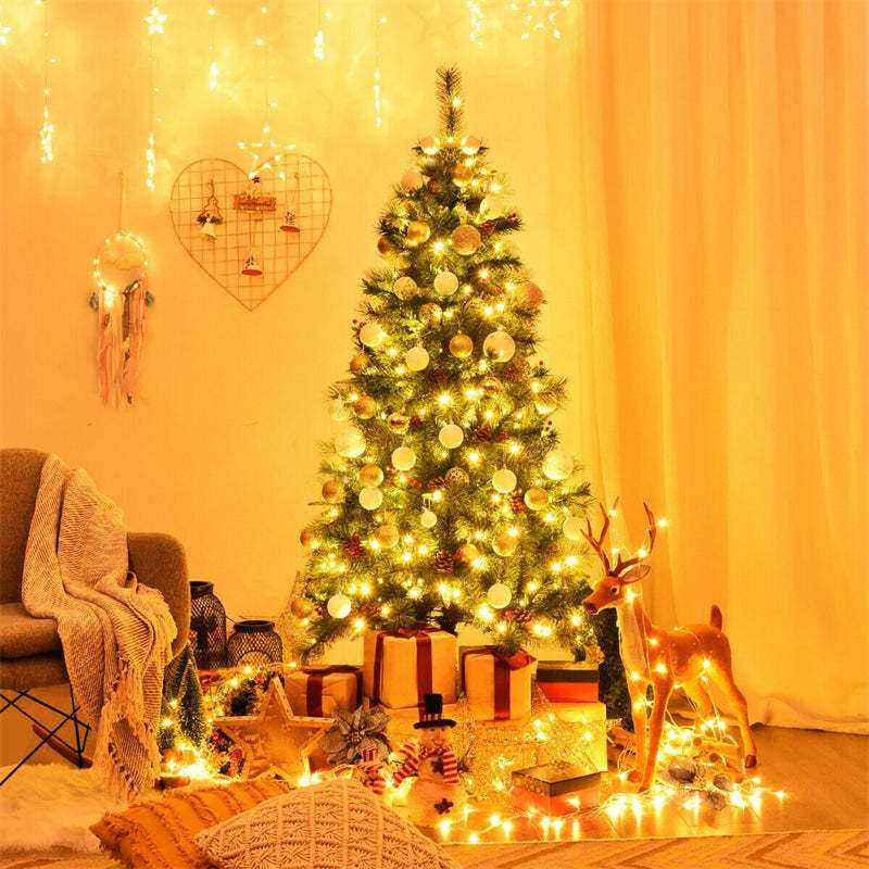 6FT Pre-lit Artificial Hinged Christmas Tree with 250 LED Lights Metal Stand