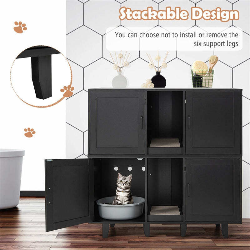 Double Cat Litter Box Enclosure, Large Hidden Cat Washroom Furniture with 2 Cabinets & Scratching Board, Cat House TV Stand Side Table