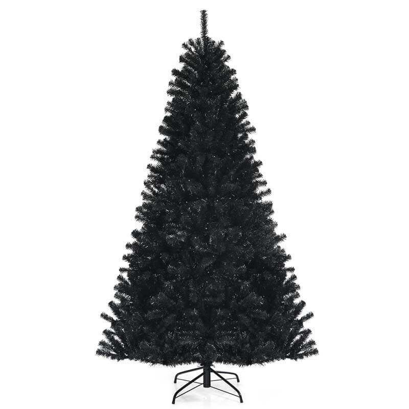 7FT Pre-Lit Black Christmas Tree with 500 Purple LED Lights, 1096 Branch Tips & Metal Stand, Hinged Artificial Halloween Tree for Holiday Decor