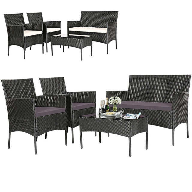4 PCS Outdoor Wicker Conversation Set Rattan Loveseat Chair with Coffee Table & 6 Seat Cushion Covers