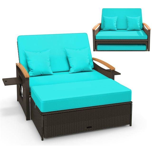 Patio Rattan Daybed Set with Cushioned Loveseat, Storage Ottoman, Retractable Side Tray, Backrest Adjustable Outdoor Double Chaise Lounge