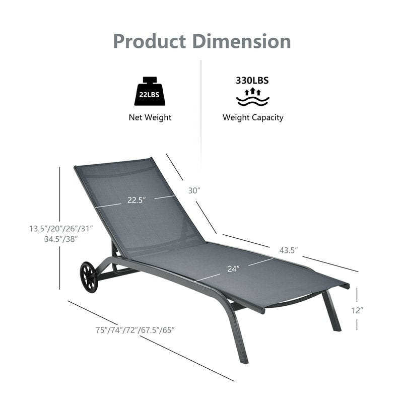 Outdoor Chaise Lounge Chair with 6-Position Adjustable Backrest & Wheels, Quick-Drying Fabric Patio Reclining Sun Lounger for Poolside, Backyard