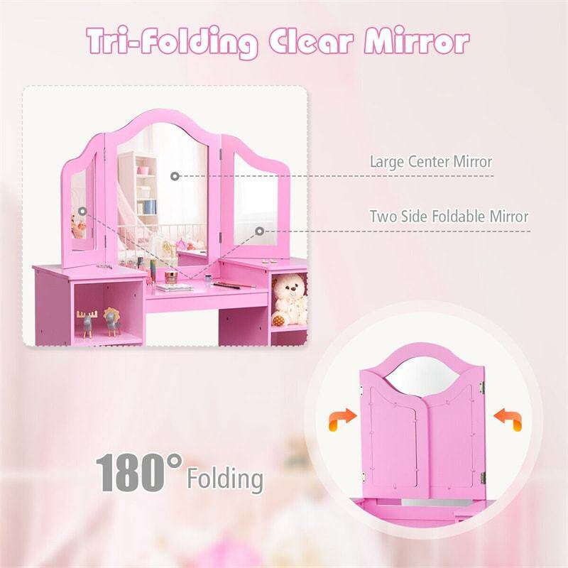 Kids Makeup Vanity Table, 2-in-1 Princess Dressing Table with Tri-folding Detachable Mirror & Storage Shelves, Pretend Play Girls Study Desk