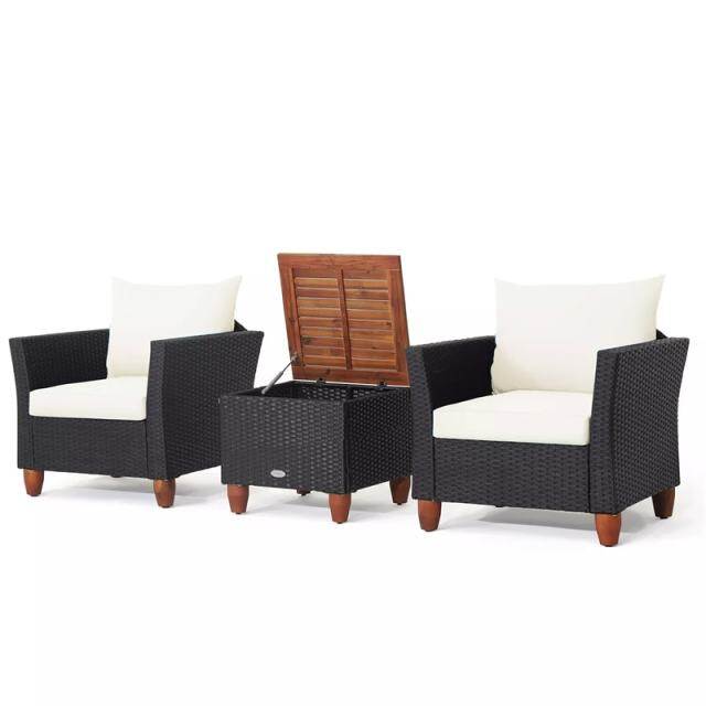 3PCS Patio Rattan Furniture Set Cushioned Sofa Chair Storage Coffee Table with Acacia Wood Top, Outdoor Wicker Conversation Set for Garden