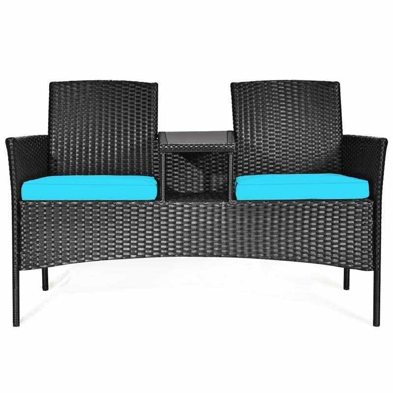 Modern Rattan 2-Seater Patio Furniture Set with Built-in Tempered Glass Table & Removable Cushions, Outdoor Furniture for Backyard, Garden