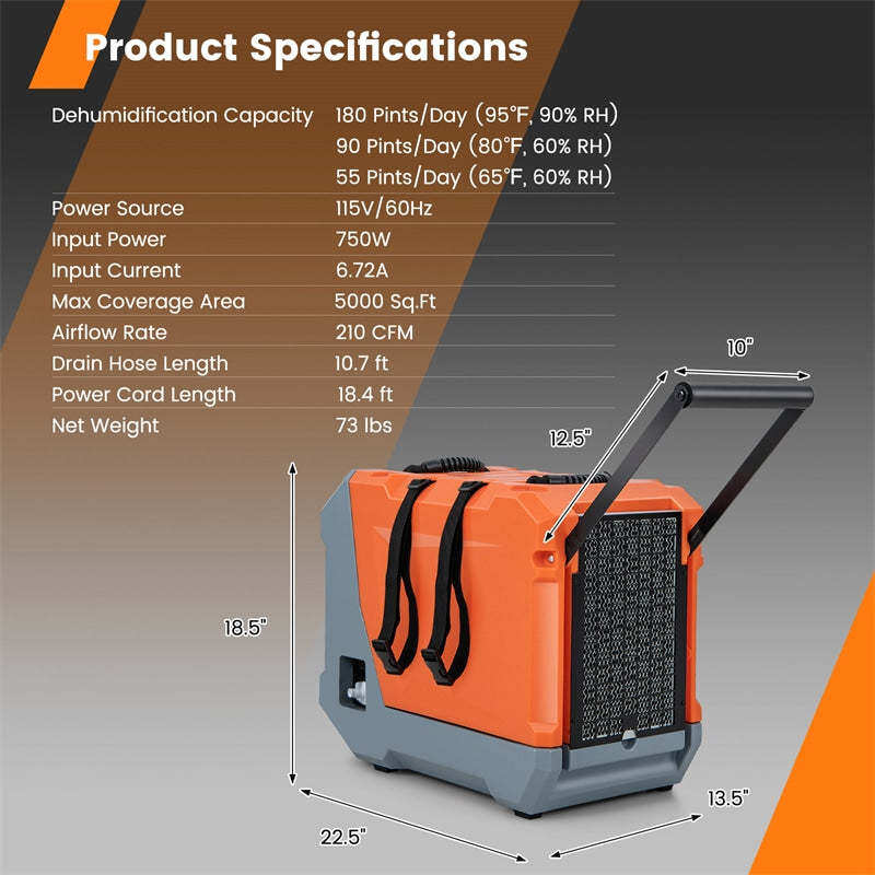 180 Pints Commercial Dehumidifier with Pump, Drain Hose & Auto Defrost, 6,000 Sq. Ft Industrial Dehumidifier for Basement, Job Site, Water Damage