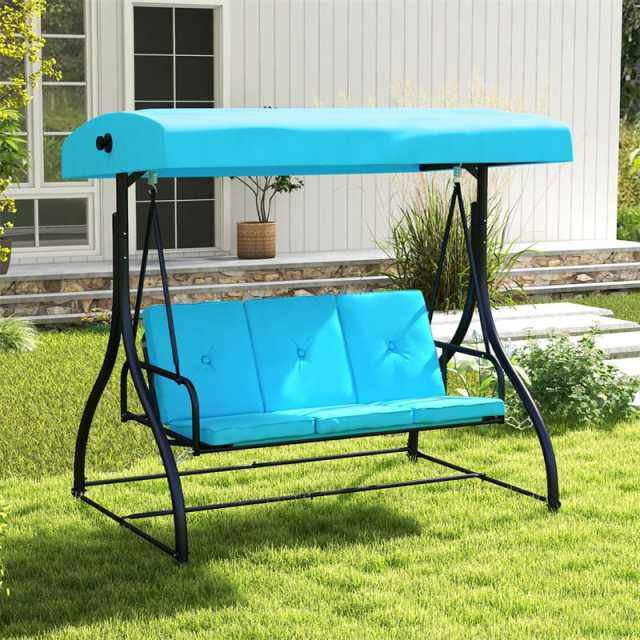 2-in-1 Convertible Patio Swing with Adjustable Canopy & Removable Cushions, Steel Frame 3-Person Outdoor Swing Bed for Deck/Backyard/Garden