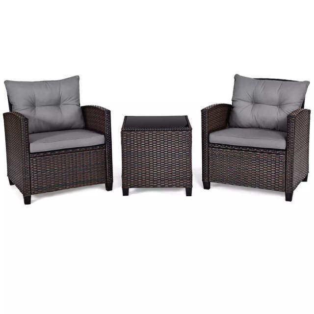 3PCS Rattan Patio Furniture Set with Washable Cushions & Tempered Glass Coffee Table, Outdoor Wicker Conversation Set for Garden, Balcony