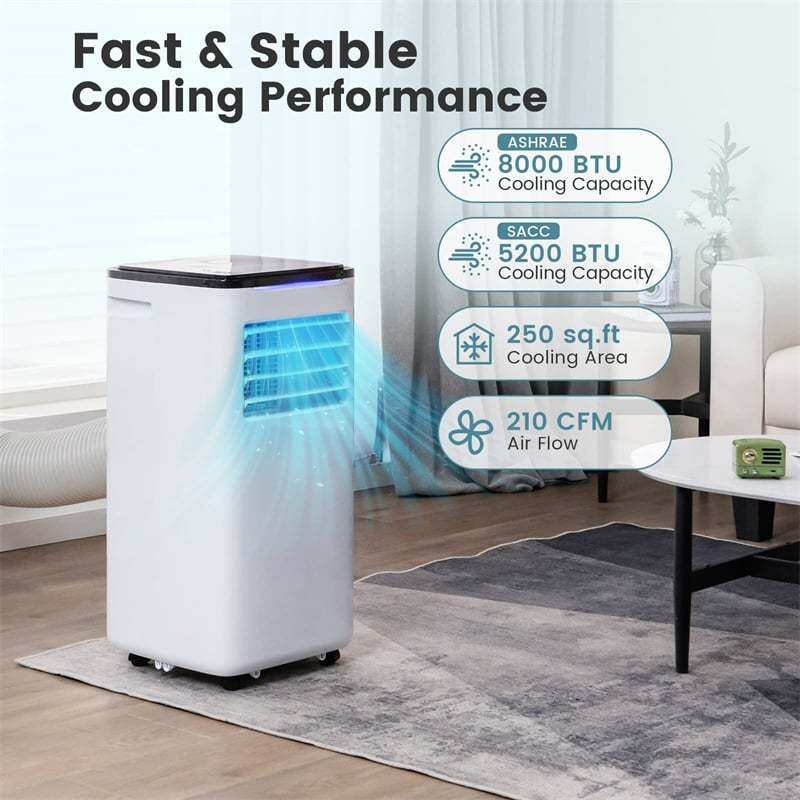 8000 BTU Portable Air Conditioner 3-in-1 AC Unit for Room up to 250 Sq.Ft with Cool Fan Dehumidifier Sleep Mode, Remote Control & Window Kit