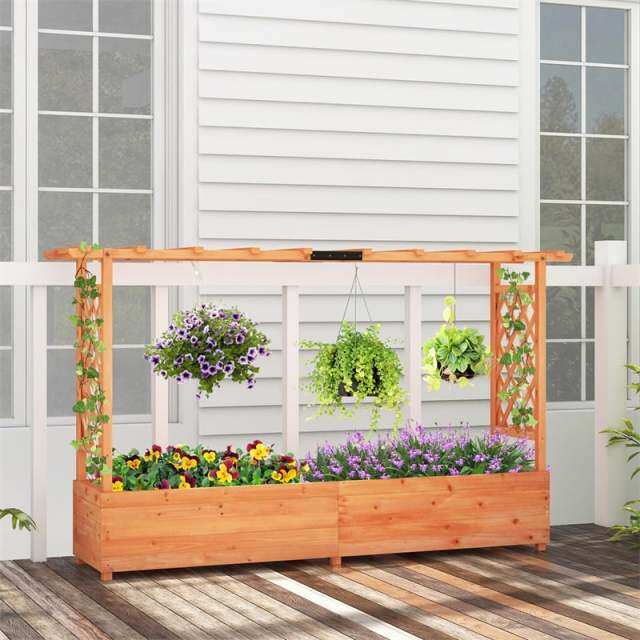 2PCS Raised Garden Bed with 2-Sided Trellis, Hanging Roof, Drainage Holes, Fir Wood Planter Box for Flowers, Herbs, Climbing Vines, Garden Patio Yard