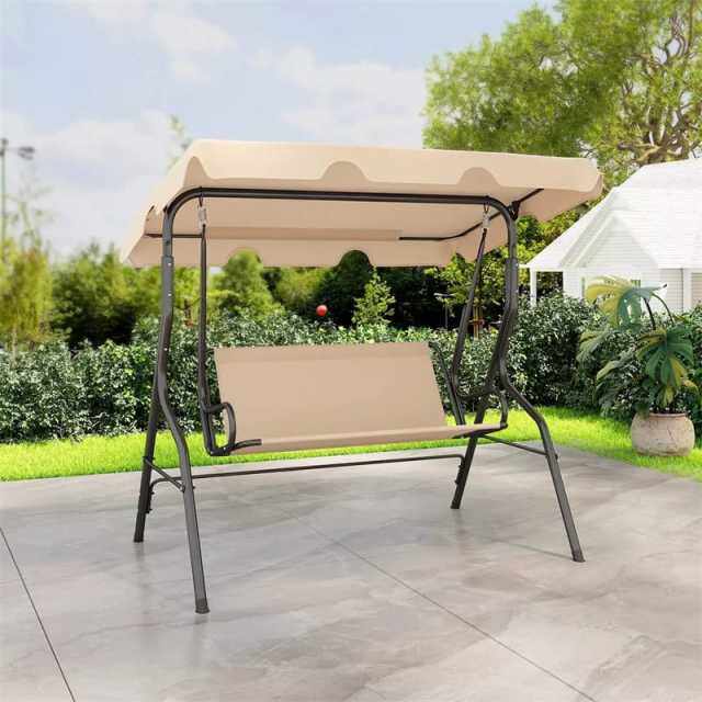 3-Seat Patio Swing with Adjustable Canopy & Removable Cushion, Powder-Coated Steel Frame Outdoor Porch Swing for Backyard, Garden, Balcony