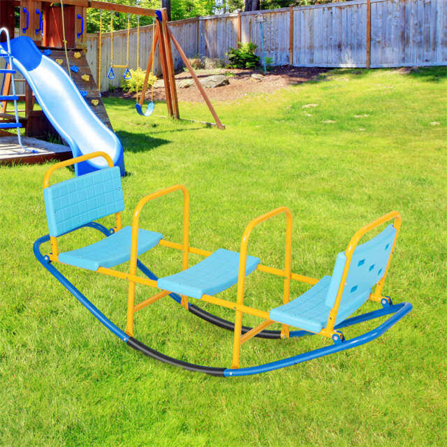 Kids Rocking Seesaw, 3 Person Heavy-Duty Metal Teeter Totter Seesaw with Easy-Grip Handles, Indoor/Outdoor Rocking Toy for Toddlers Ages 3-8