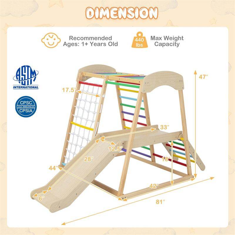 6-in-1 Indoor Jungle Gym Large Wooden Playground Climber Playset Montessori Climbing Toys with Slide, Ladders & Wating Area for Toddlers Kids