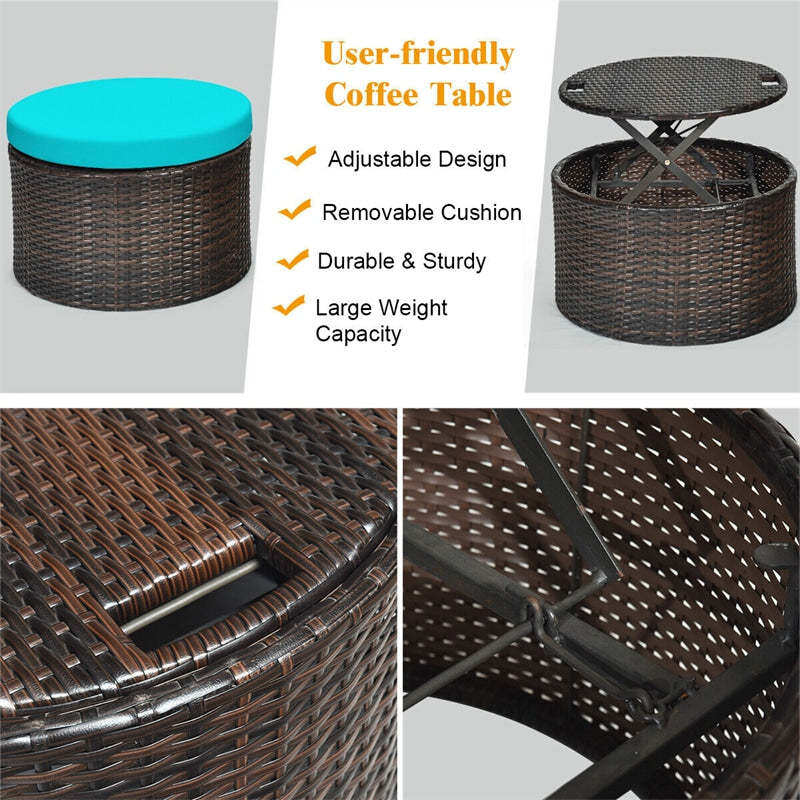 Round Patio Rattan Daybed with Retractable Canopy, Adjustable Coffee Table & Cushions, Outdoor Wicker Sectional Sofa for Poolside, Backyard