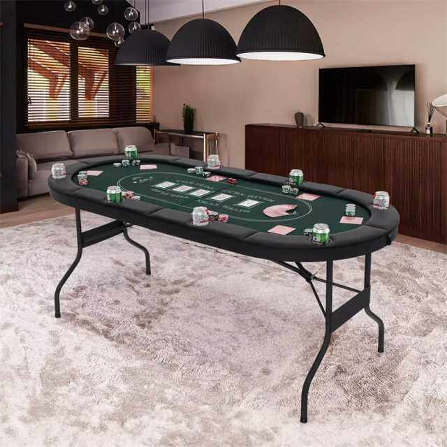 72" Foldable Poker Table, 8-Player Texas Holdem Card Table with Cup Holders, Casino Grade Felt, Portable Oval Blackjack Table for Home Game Room
