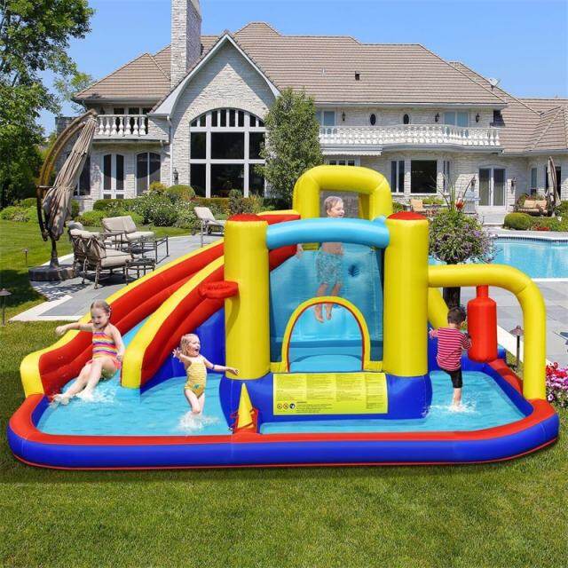 Inflatable Water Slide, 7 in 1 Mega Bounce House Water Park with 735W Blower & Splash Pool, Jumping Castle Slide Combo for Kids Backyard Party Fun
