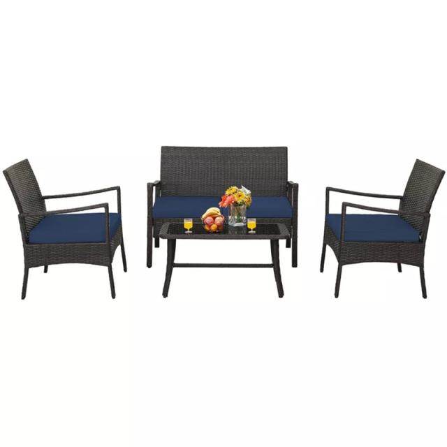 4 Piece Patio Rattan Furniture Set PE Wicker Loveseat Chairs with Seat Cushions, Tempered Glass Coffee Table, Outdoor Conversation Set